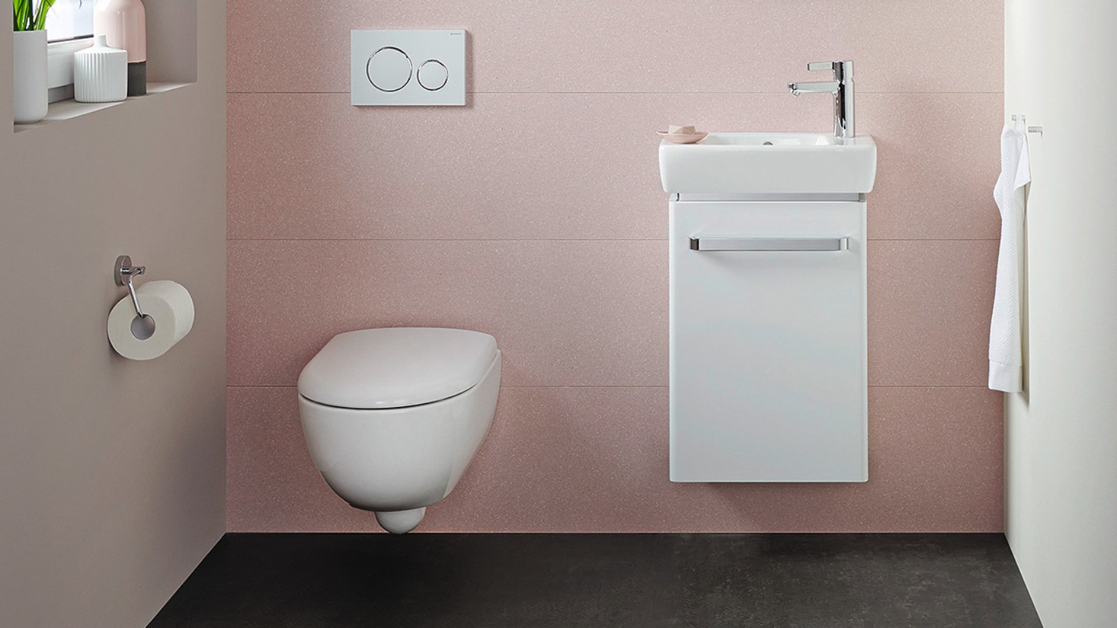 Kleines Gäste-Bad mit Handwaschbecken Renova Compact und wandhängendem WC Kleines Gäste-Bad mit Handwaschbecken Renova Compact und wandhängendem WC