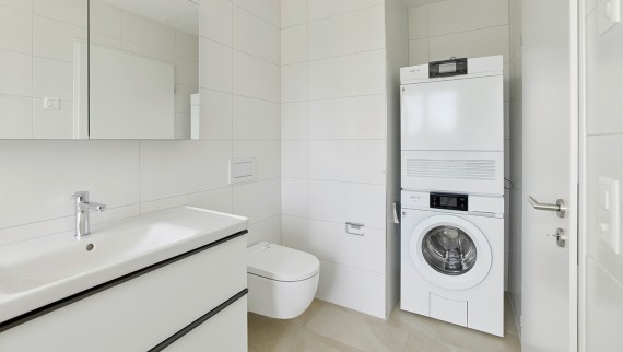 Dans les appartements modernes, une tour de lavage fait aujourd’hui partie de l’équipement standard d’une salle de bains, alors pourquoi pas un WCdouche? (© Geberit)