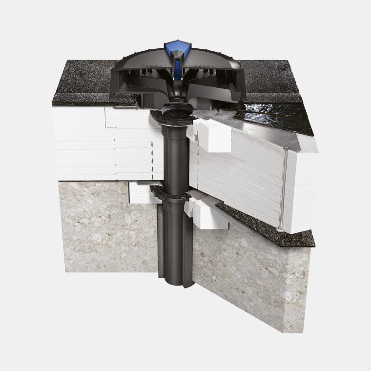 Geberit Pluvia Einlauf auf Betondach mit Bitumen als wasserführende Ebene Geberit Pluvia Einlauf auf Betondach mit Bitumen als wasserführende Ebene