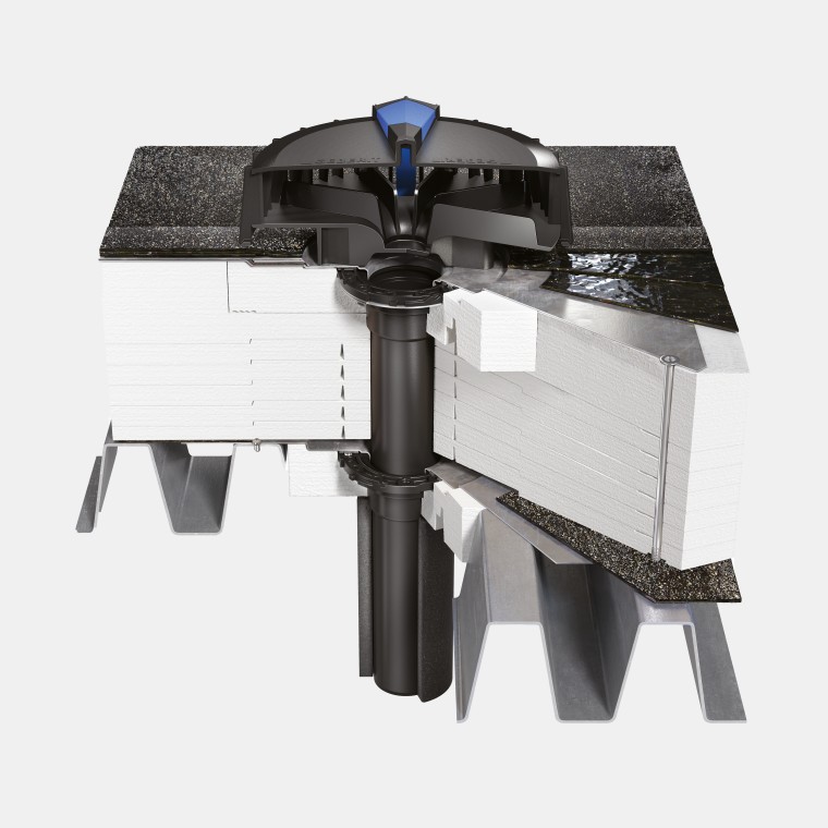 Geberit Pluvia Einlauf auf Wärmedach mit Damsperrennanschluss und Dachfolie als wasserführende Ebene Geberit Pluvia Einlauf auf Wärmedach mit Damsperrennanschluss und Dachfolie als wasserführende Ebene