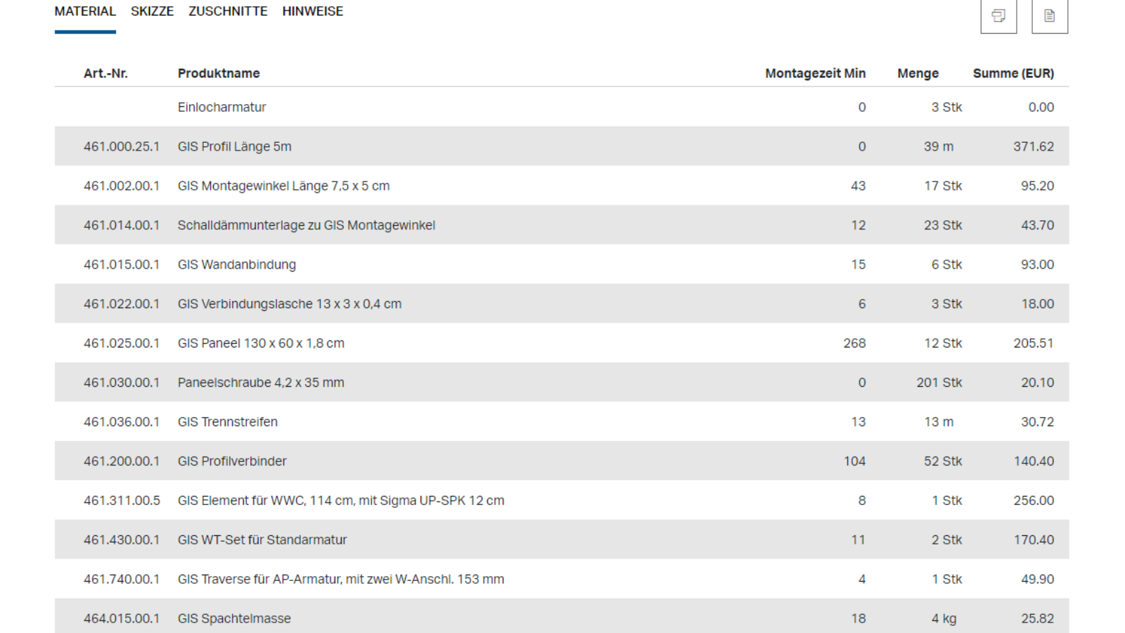 Materialliste im GIS-/Duofix-Rechner Materialliste im GIS-/Duofix-Rechner