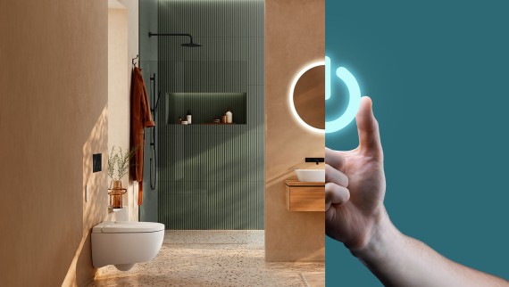 Modernes Badezimmer mit rundem Geberit Option Spiegel, der in ein leuchtendes Startsymbol übergeht, als Symbol für das Traumbad-Startpaket