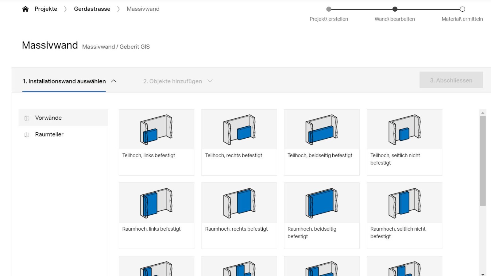 Wahl der Installationswand im GIS-/Duofix-Rechner Wahl der Installationswand im GIS-/Duofix-Rechner