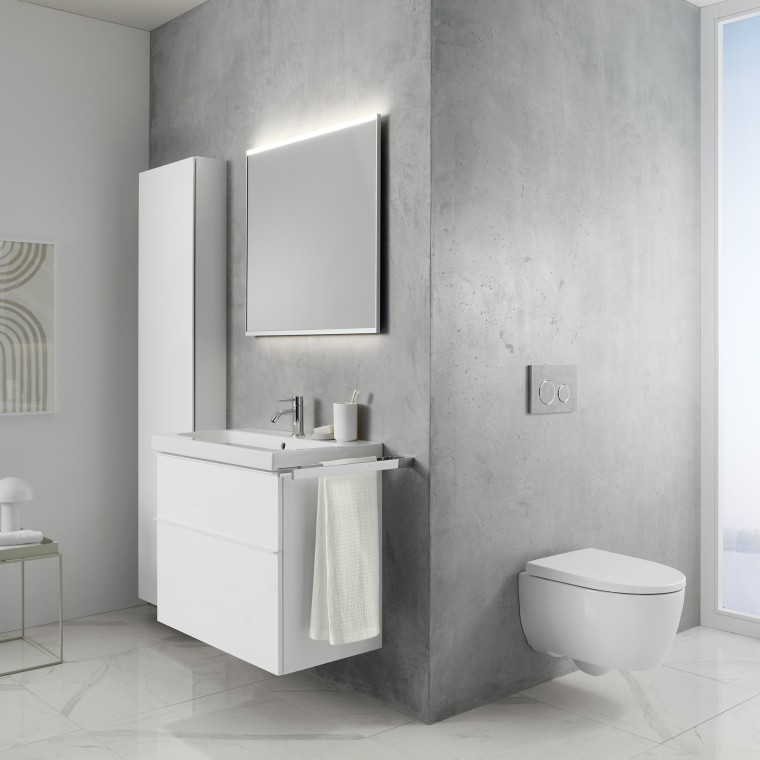 Geberit iCon Badserie in einem grau-weissen Badezimmer Geberit iCon Badserie in einem grau-weissen Badezimmer