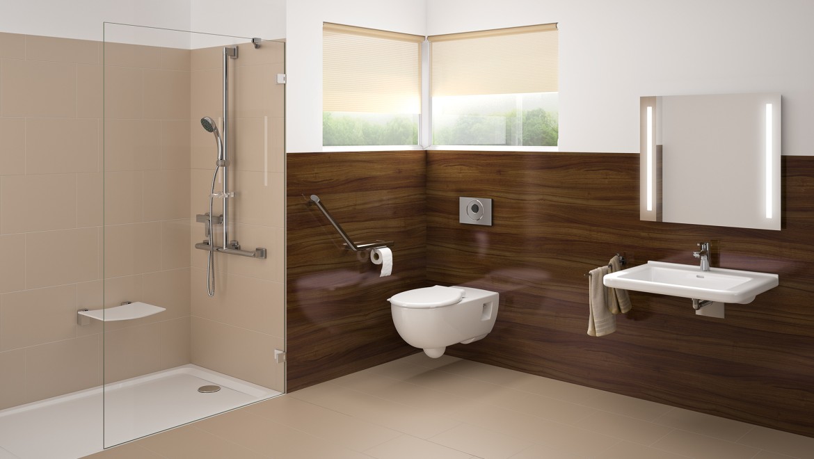 Bagno privo di barriere architettoniche con lavabo, WC e doccia a filo pavimento