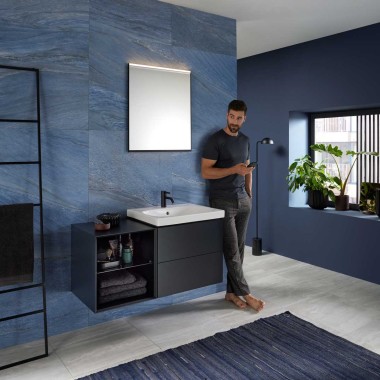 Mix & Match Geberit Acanto Waschtisch mit Geberit ONE Waschtischunterschrank und offenem Seitenelement