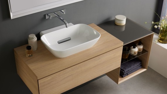 Lavabo à poser Geberit ONE, meuble sous lavabo en chêne