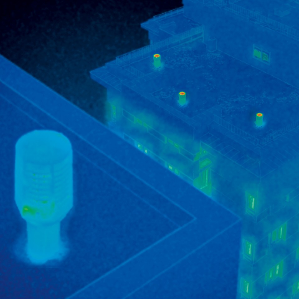 Image thermique des conduites de ventilation avec la vanne de retenue d'énergie Geberit ERV et ouverte en haut.