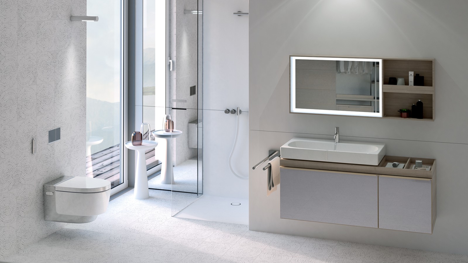 Geberit AquaClean Mera im Badezimmer mit beleuchtetem Spiegel und Deckenlampe Geberit AquaClean Mera im Badezimmer mit beleuchtetem Spiegel und Deckenlampe