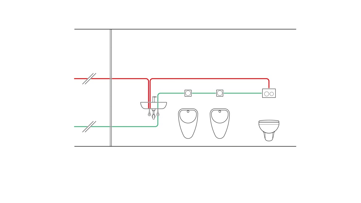 Beispiel der Verrohrung einer Zeit gesteuerten Hygienespülung (© Geberit)