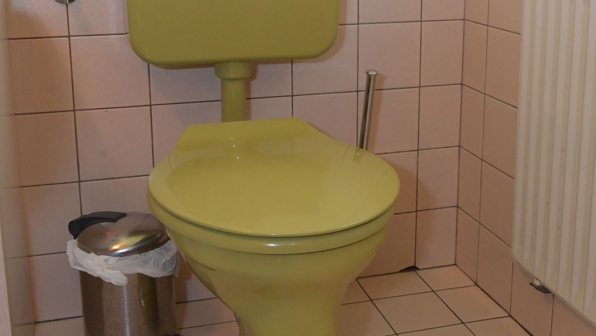 Das alte WC mit Aufputzspülkasten im Gästebad