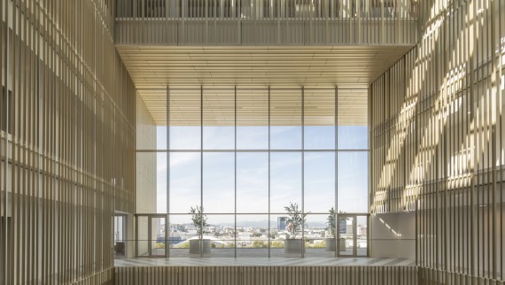 Das Atrium ist mit vergoldeten Aluminiumprofilen verkleidet, deren Farbtöne sich je nach Sonnenstand verändern (© Ana Skobe) Das Atrium ist mit vergoldeten Aluminiumprofilen verkleidet, deren Farbtöne sich je nach Sonnenstand verändern (© Ana Skobe)