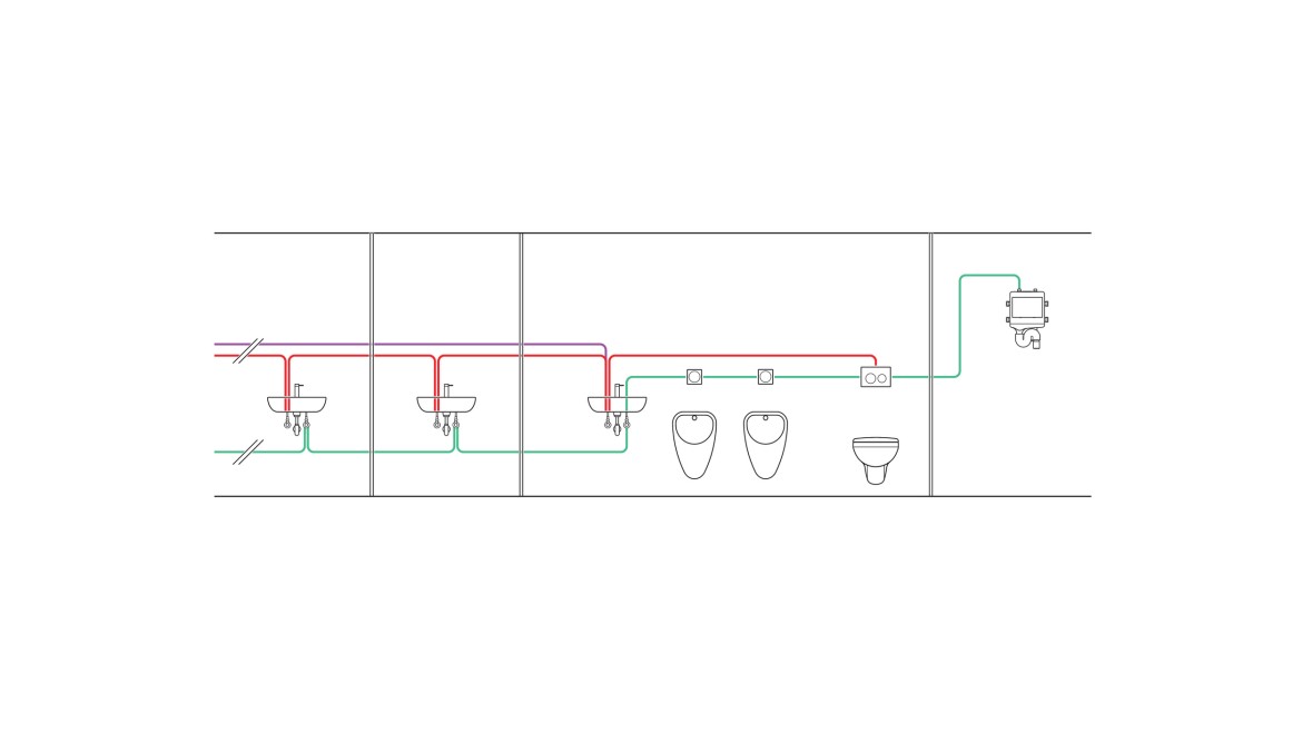 Esempio di impianto idraulico di un risciacquo igienico con controllo a intervalli per due aule, WC e vano tecnico (© Geberit)