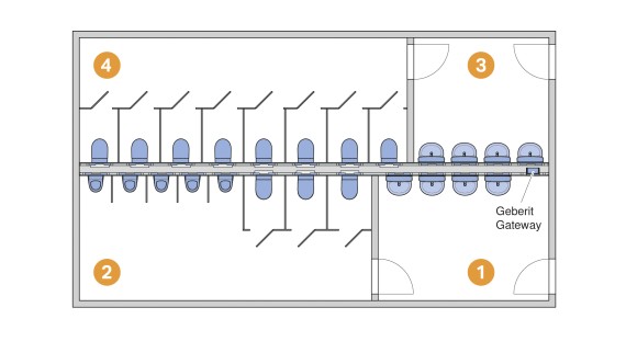 Zona1: anticamera del bagno uomini; zona 2: bagno uomini; zona 3: anticamera del bagno donne; zona 4: bagno donne