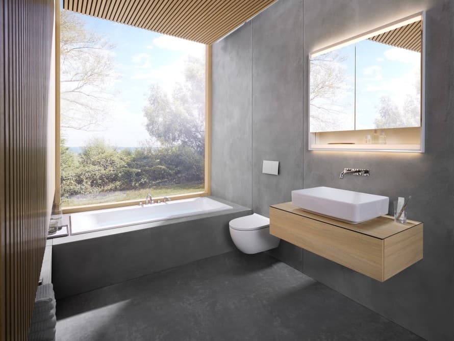 Badezimmer, das mit dem Geberit Acanto WC und dem Variform Aufsatzwaschtisch gestaltet wurde Badezimmer, das mit dem Geberit Acanto WC und dem Variform Aufsatzwaschtisch gestaltet wurde