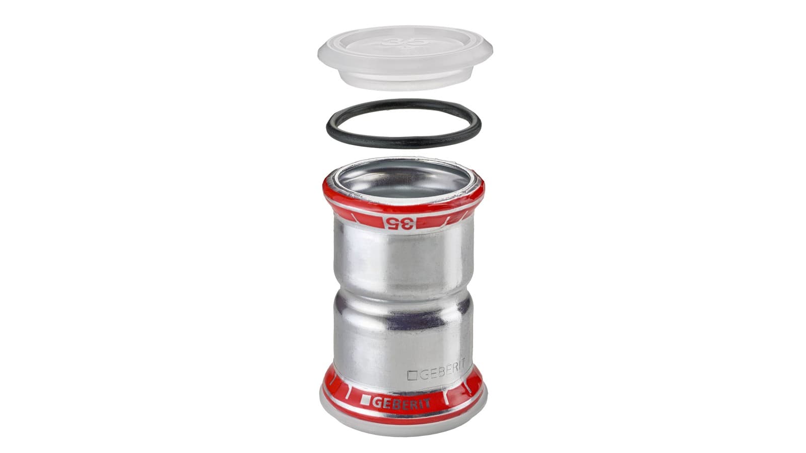 Raccord Geberit Mapress acier carbone avec indicateur de sertissage rouge et joint torique noir