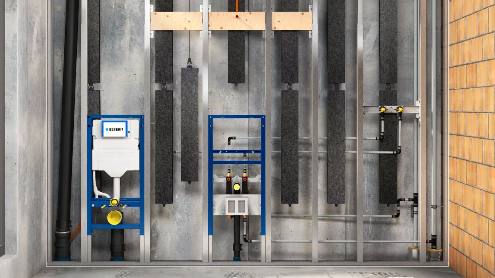 Geberit Duofix Vorwandinstallation und Spülkasten in einer Systemwand Geberit Duofix Vorwandinstallation und Spülkasten in einer Systemwand