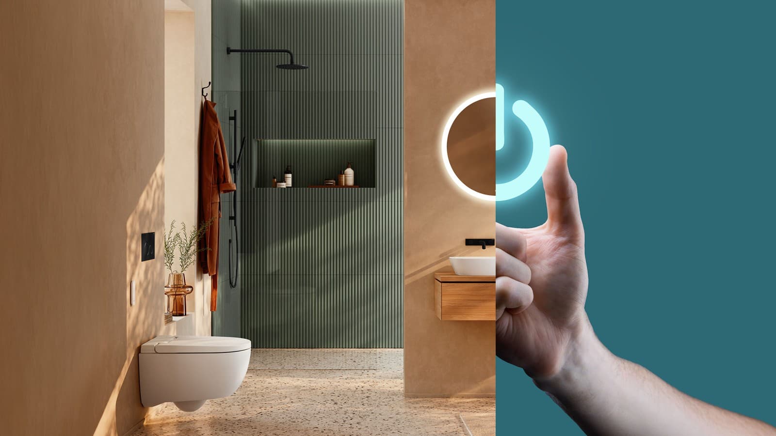 Modernes Badezimmer mit rundem Geberit Option Spiegel, der in ein leuchtendes Startsymbol übergeht, als Symbol für das Traumbad-Startpaket